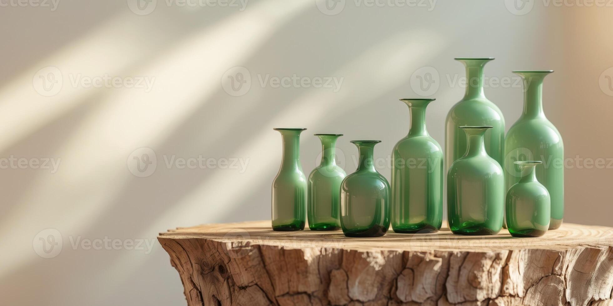 Product Display with Green Glass Bottles on Tree Bark Podium in Sunlight photo