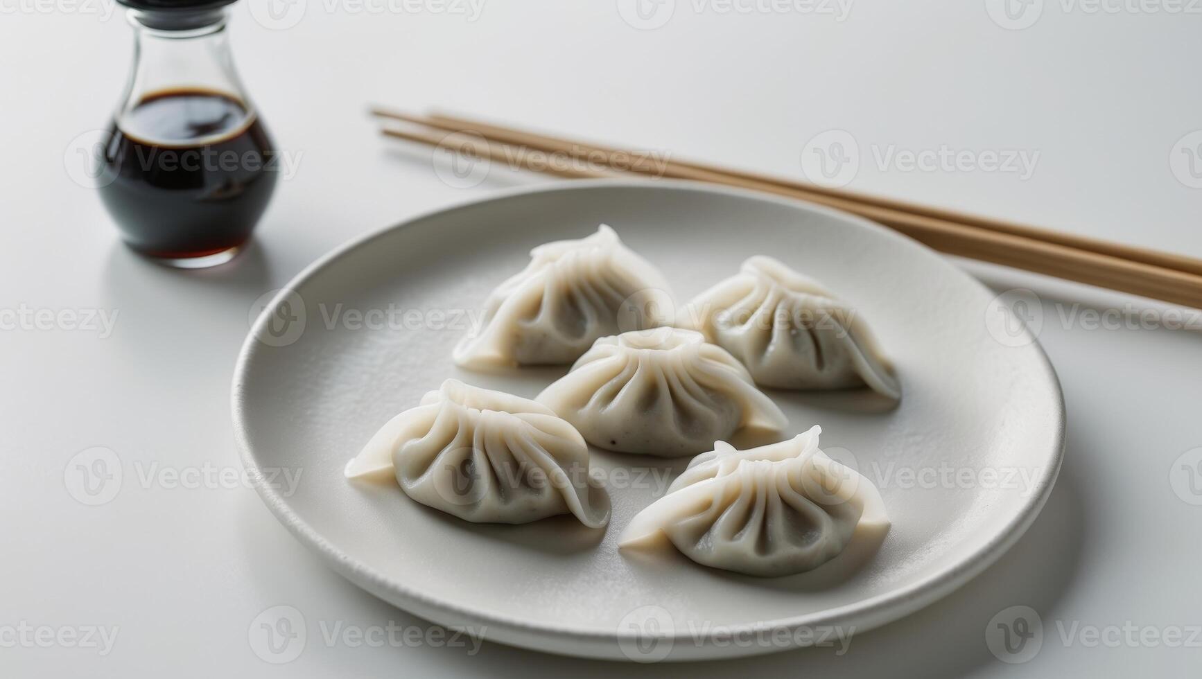 Delicious Steamed Dumplings with Soy Sauce and Chopsticks. photo