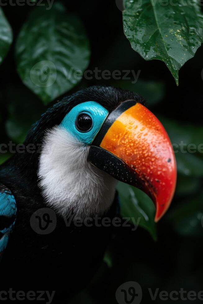 Close up of a colorful channel billed toucan with vibrant plumage photo