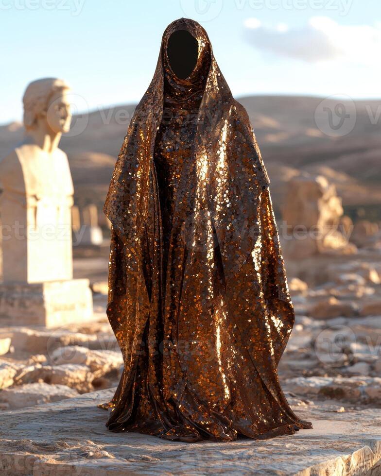 Figure in a bronze sequin robe standing among ancient ruins photo