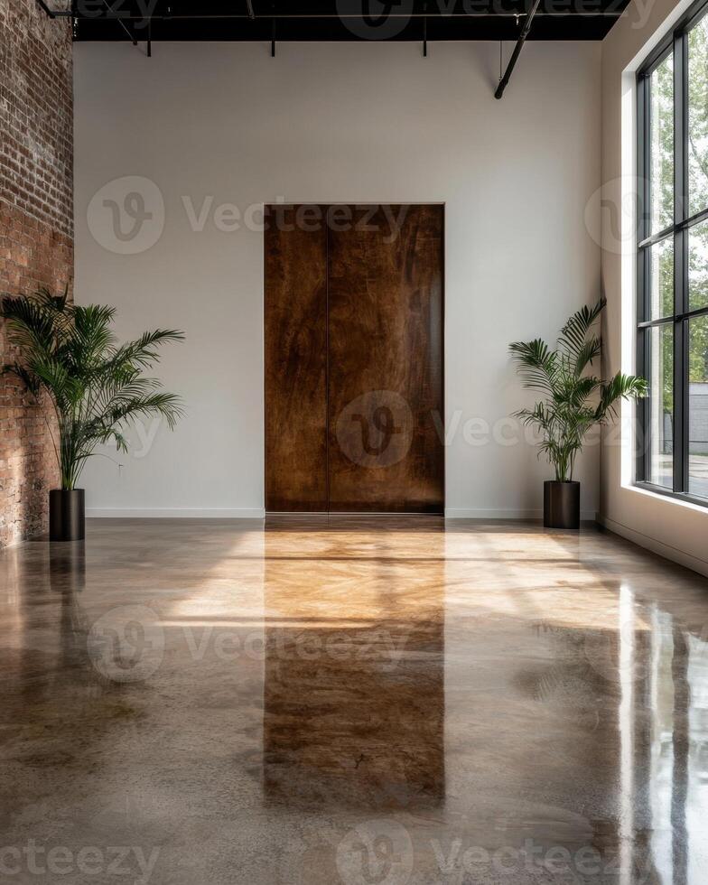Minimalist interior with polished concrete floor, large window, and potted plants photo