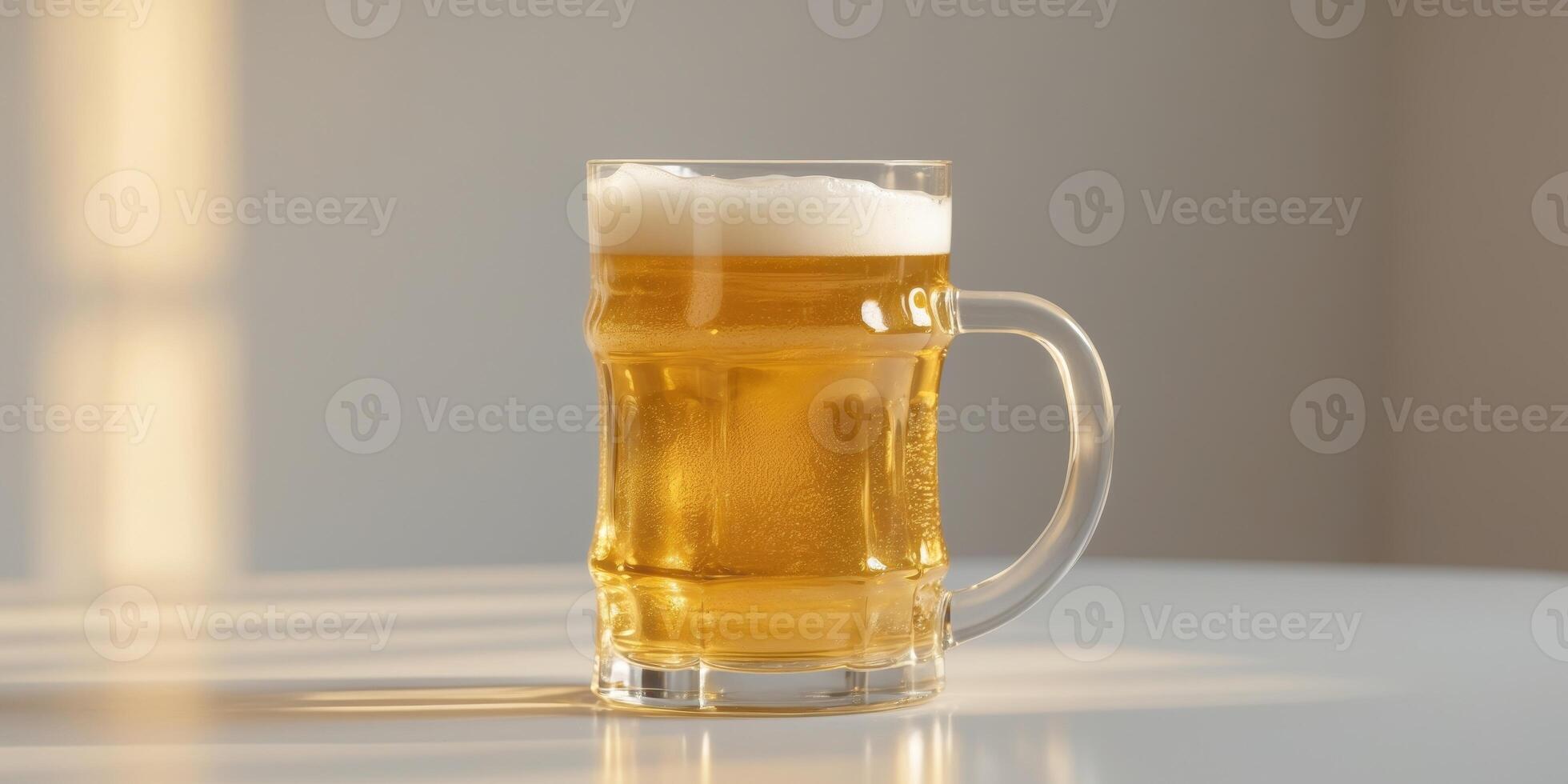 Refreshing glass of golden beer with sunlight reflecting on a white table. photo