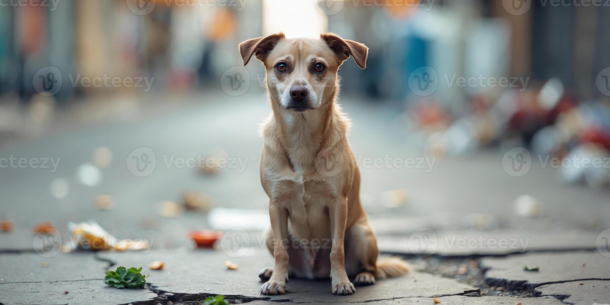 A cute homeless dog sitting on the street with food on blurry background photo