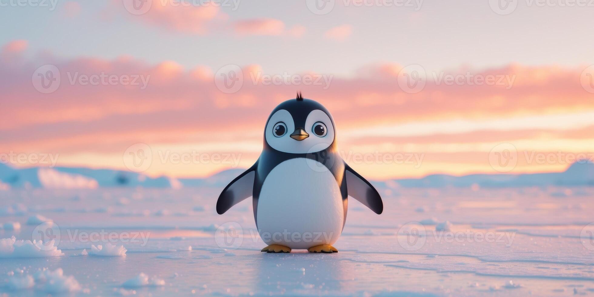Adorable Cartoon Penguin on Antarctic Ice Floe at Sunset photo