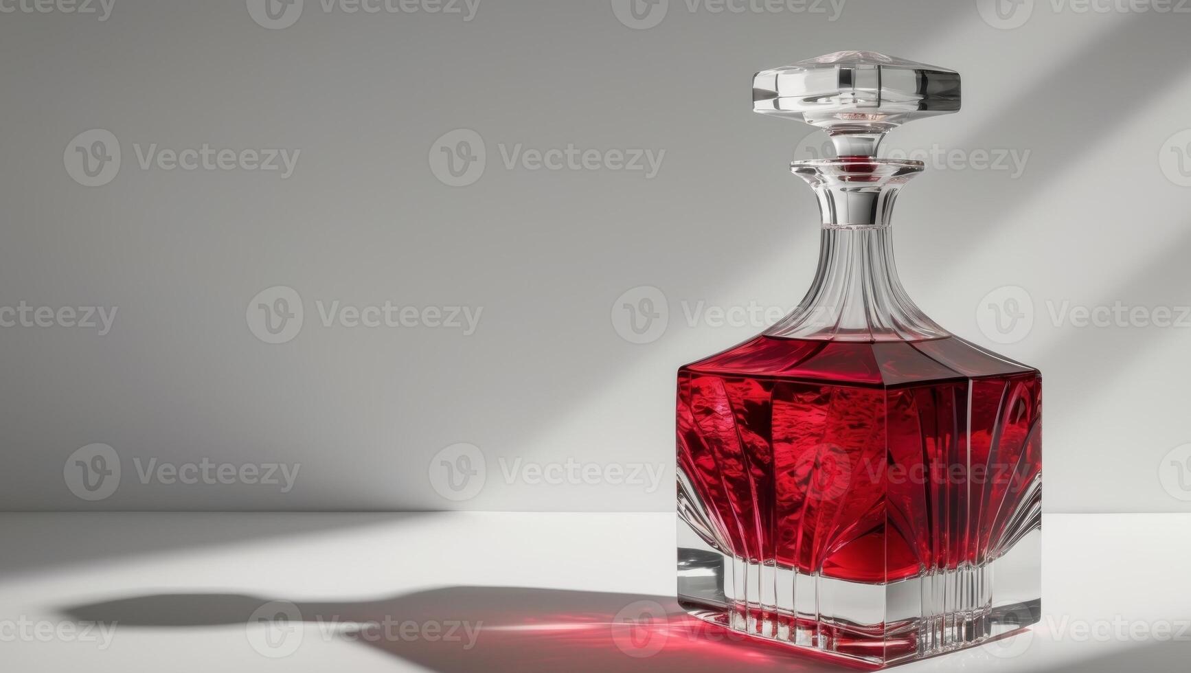 An Elegant Crystal Decanter That Features a Rich and Vibrant Red Liquid Displayed Inside photo