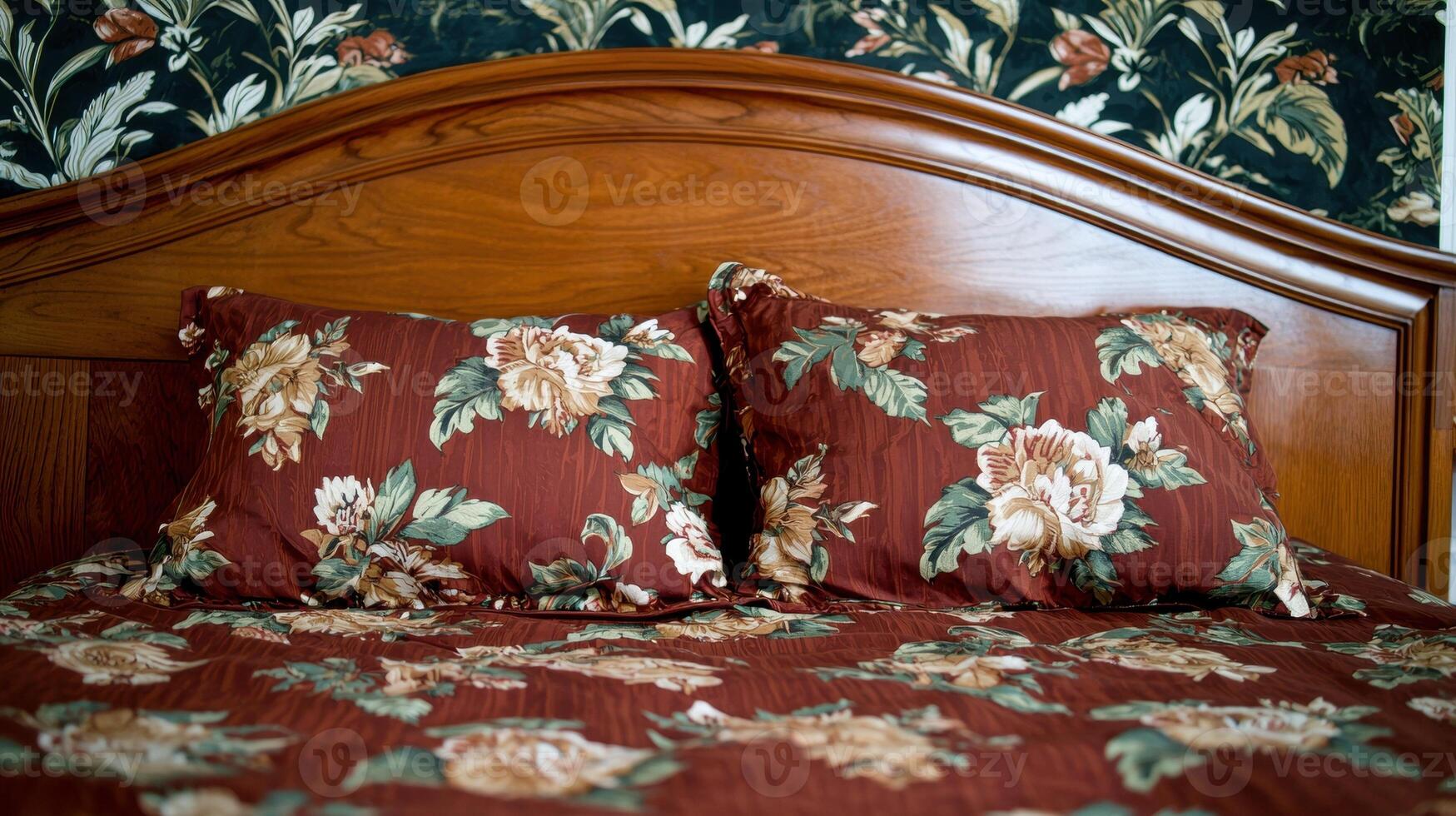 Floral bedding with pillows on a wooden bed frame photo