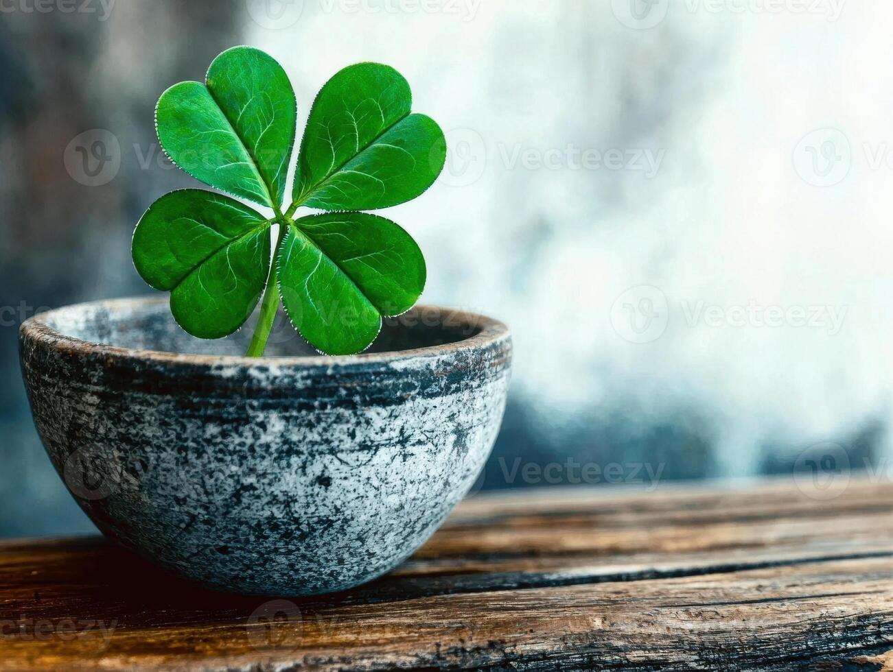 Four leaf clover in a pot on a wooden surface, symbol of luck and St Patricks Day photo