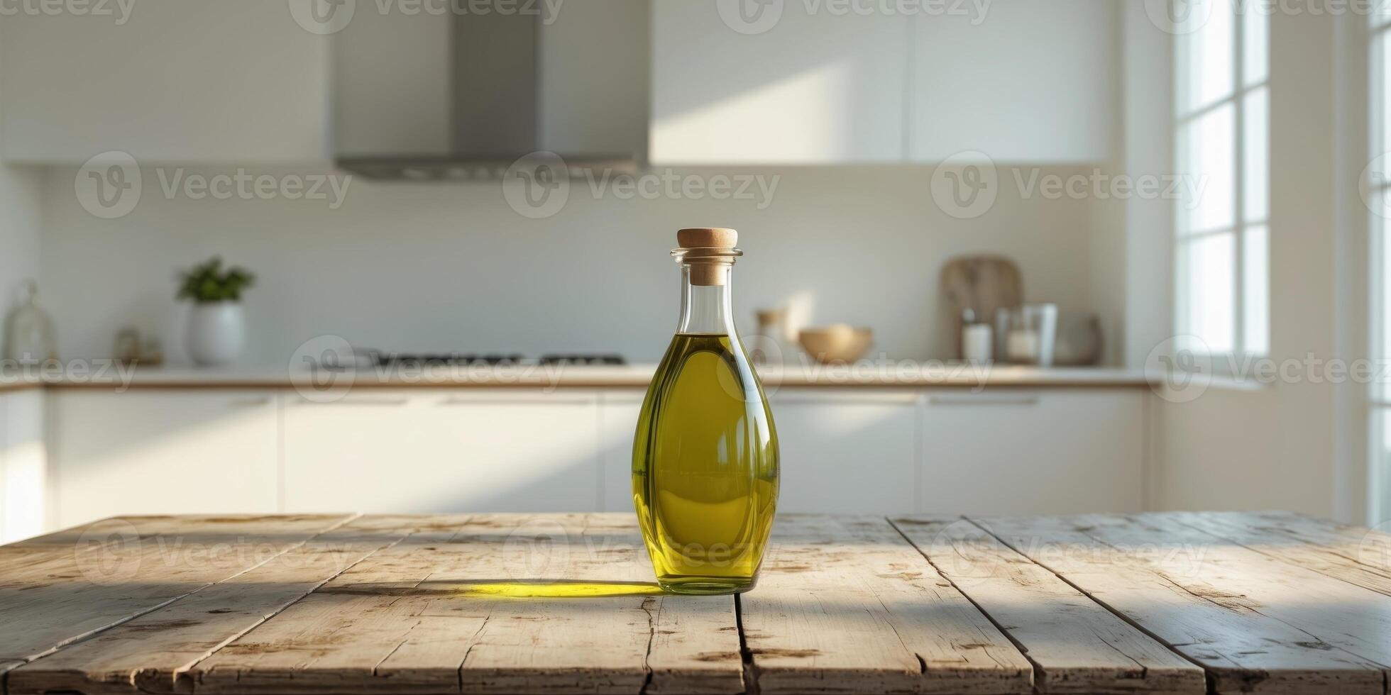 Glass Bottle of Olive Oil on Wooden Table in Bright Kitchen. photo