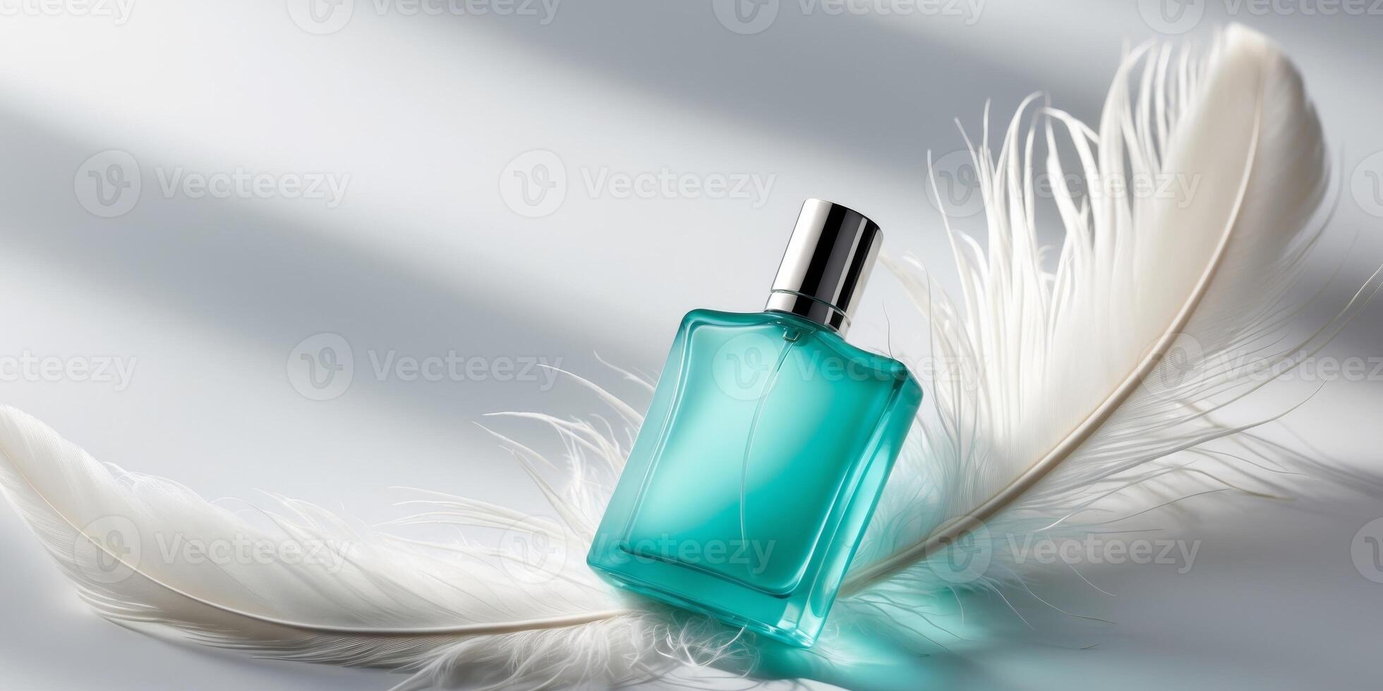 Elegant turquoise perfume bottle on soft feather background photo