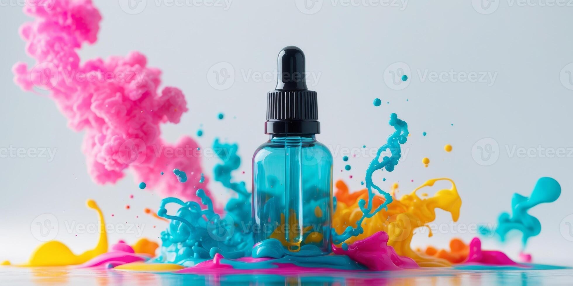 Colorful Dropper Bottle Surrounded by Vibrant Smoke and Splashes. photo
