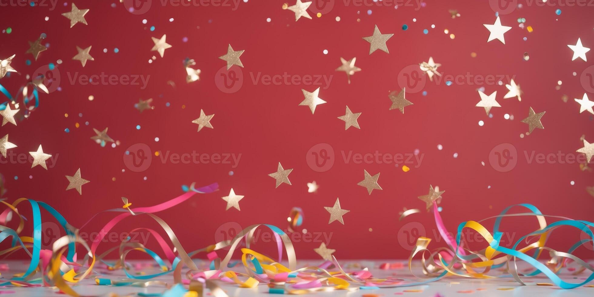 Vibrant composition of bronzed and silver stars with colorful confetti ribbons and streamers scattered on a striking red background creating a festive atmosphere photo