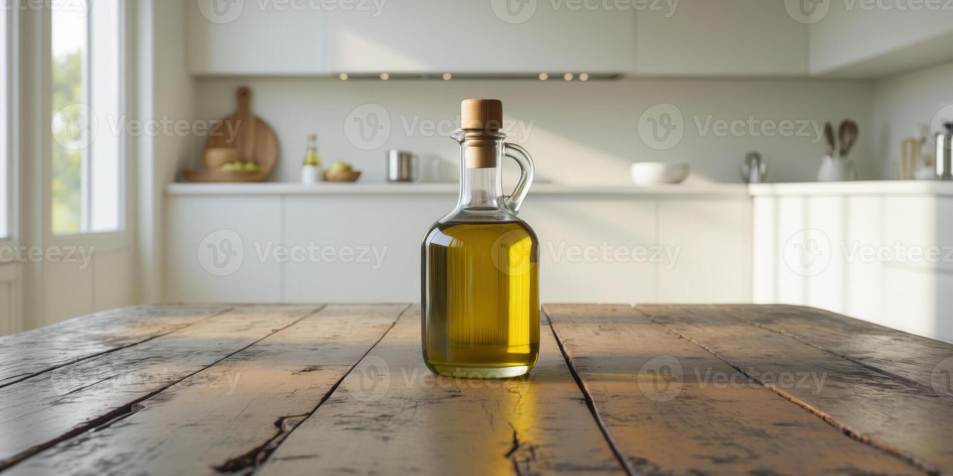 Glass Bottle of Olive Oil on Wooden Table in Bright Kitchen photo