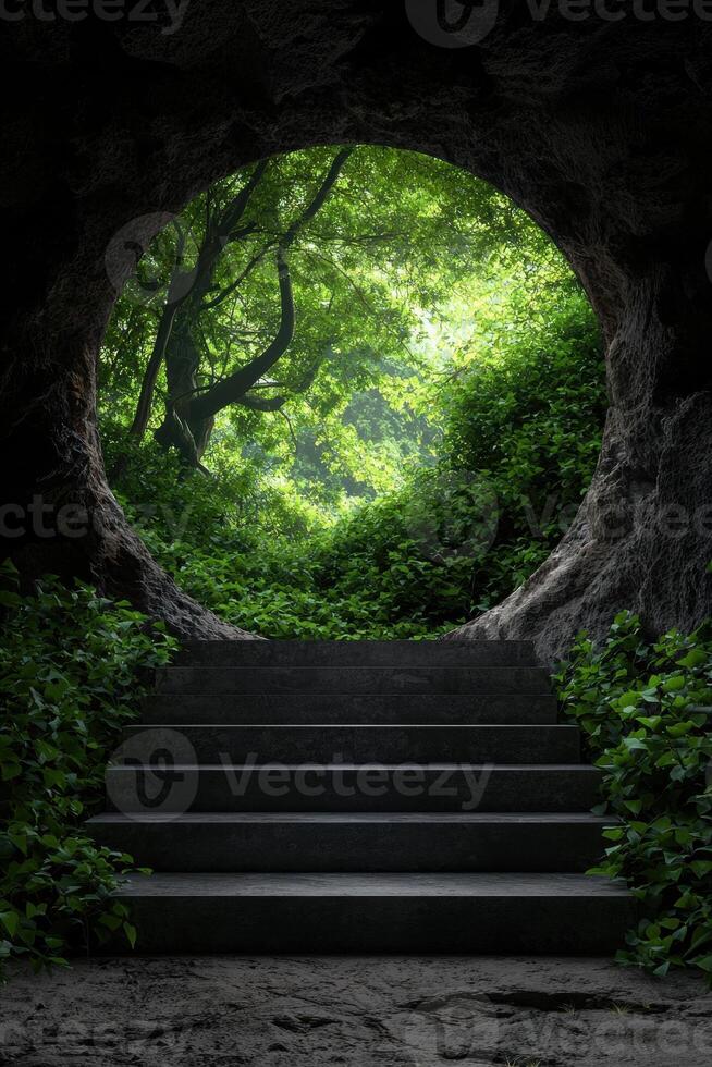 Stone steps leading into a lush green forest, a path to nature photo