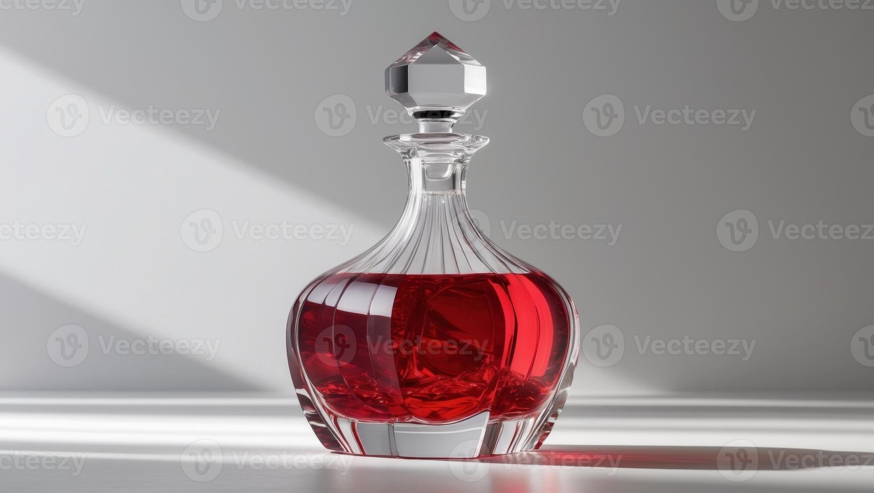 An Elegant Crystal Decanter That Features a Rich and Vibrant Red Liquid Displayed Inside. photo