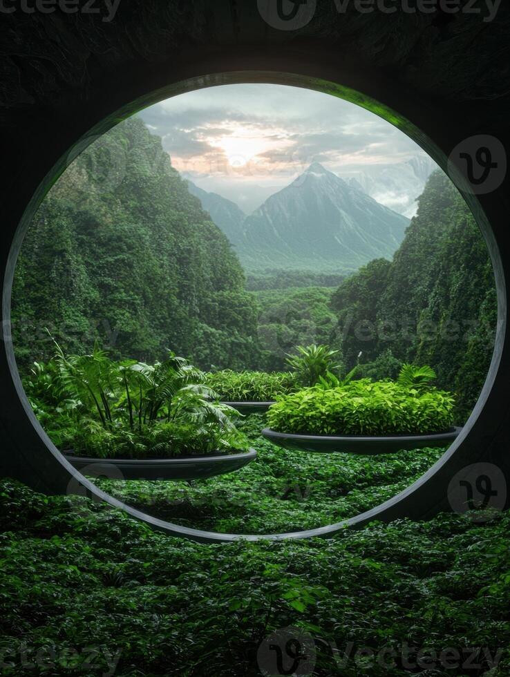 Lush tropical landscape viewed through a circular opening photo