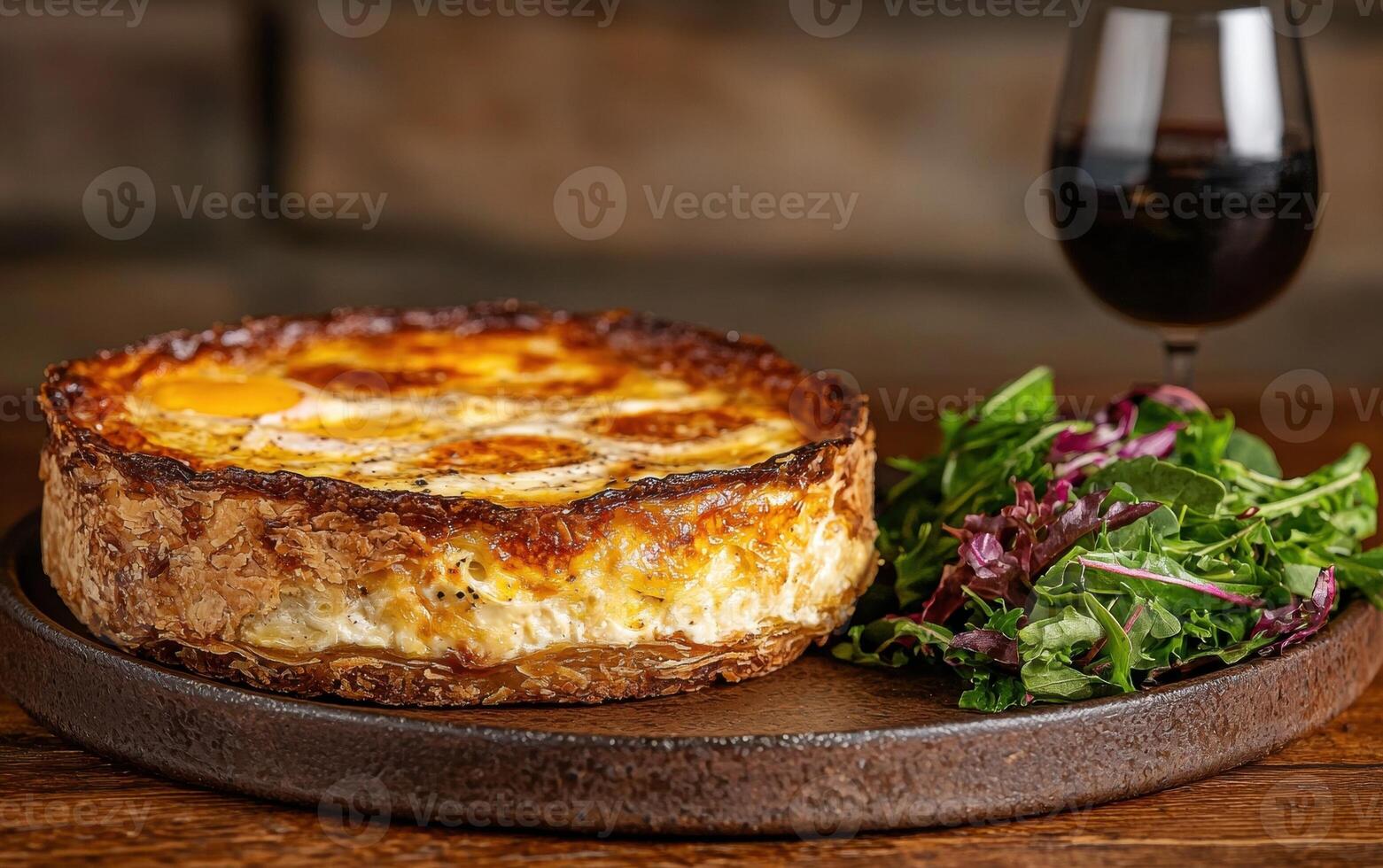 A delicious quiche with salad and a glass of red wine on a wooden table photo