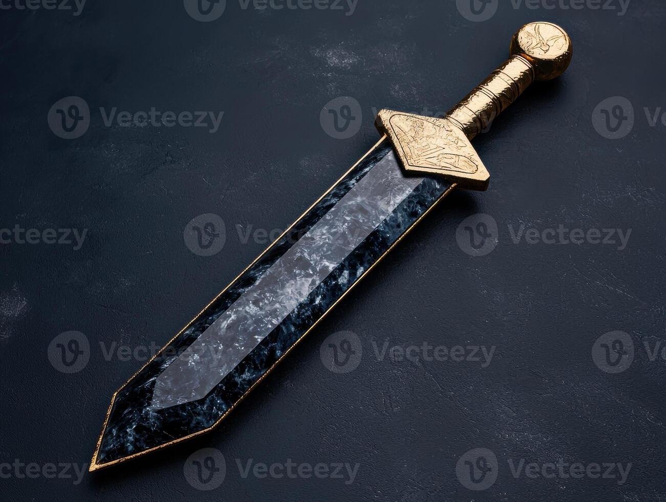 A decorative sword with a golden hilt and a blue stone blade on a dark background photo