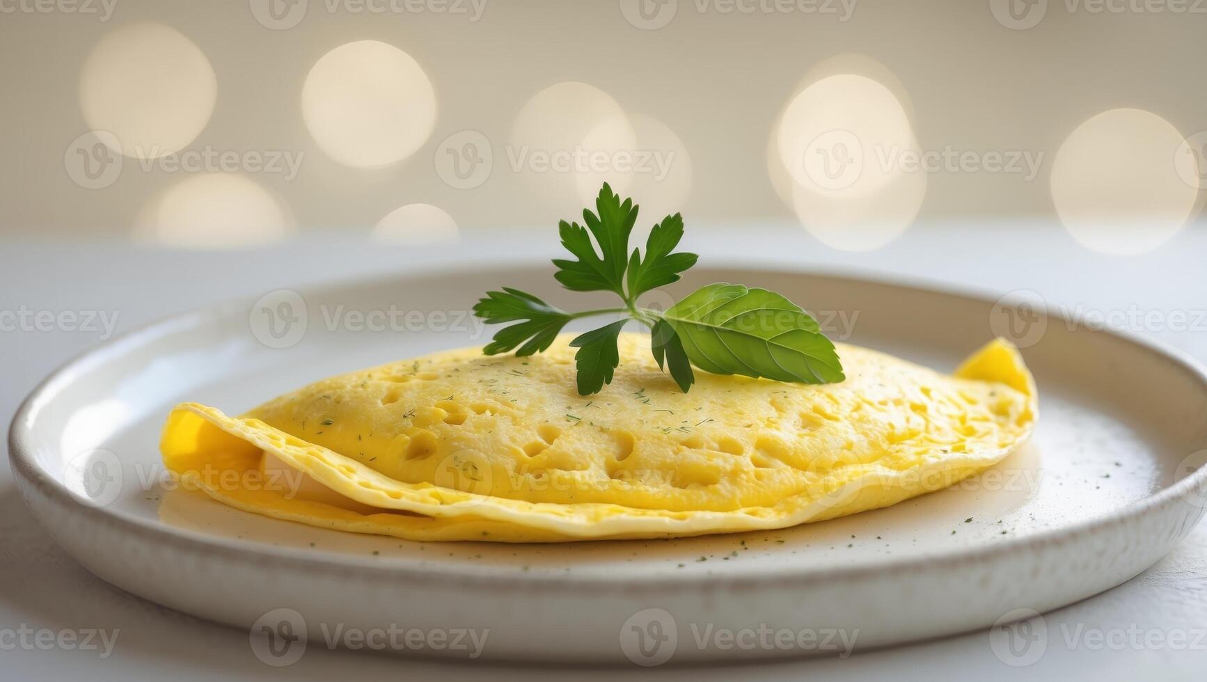 A golden omelette garnished with fresh herbs on a white plate symbolizing a perfect breakfast. photo