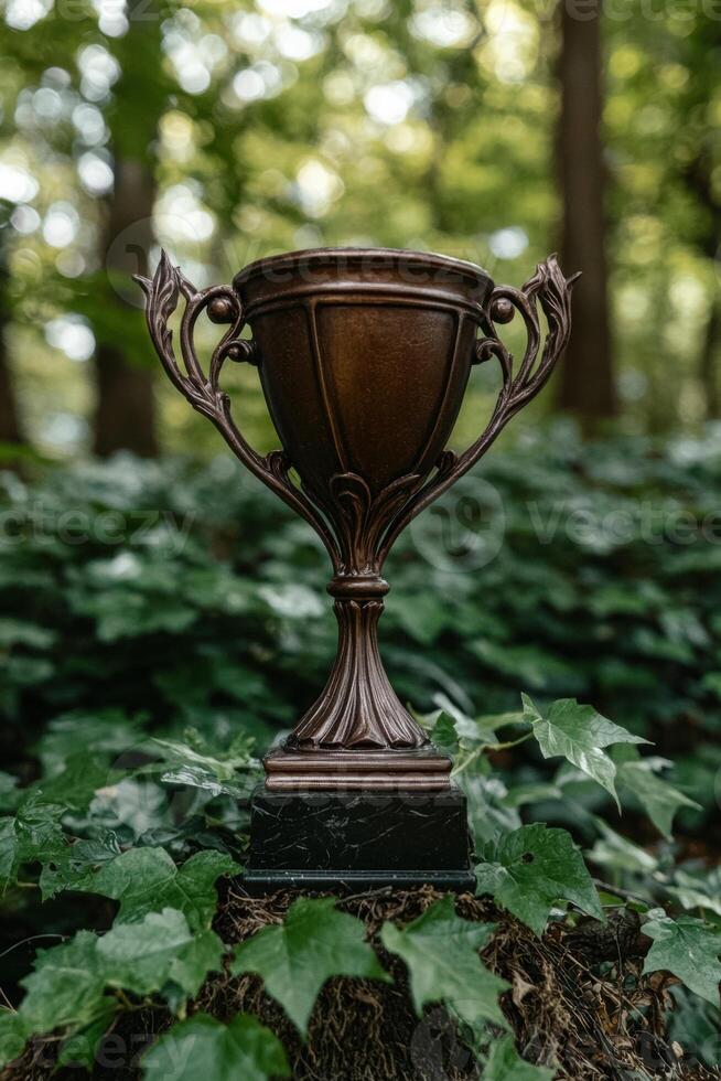 Bronze trophy in a forest setting photo