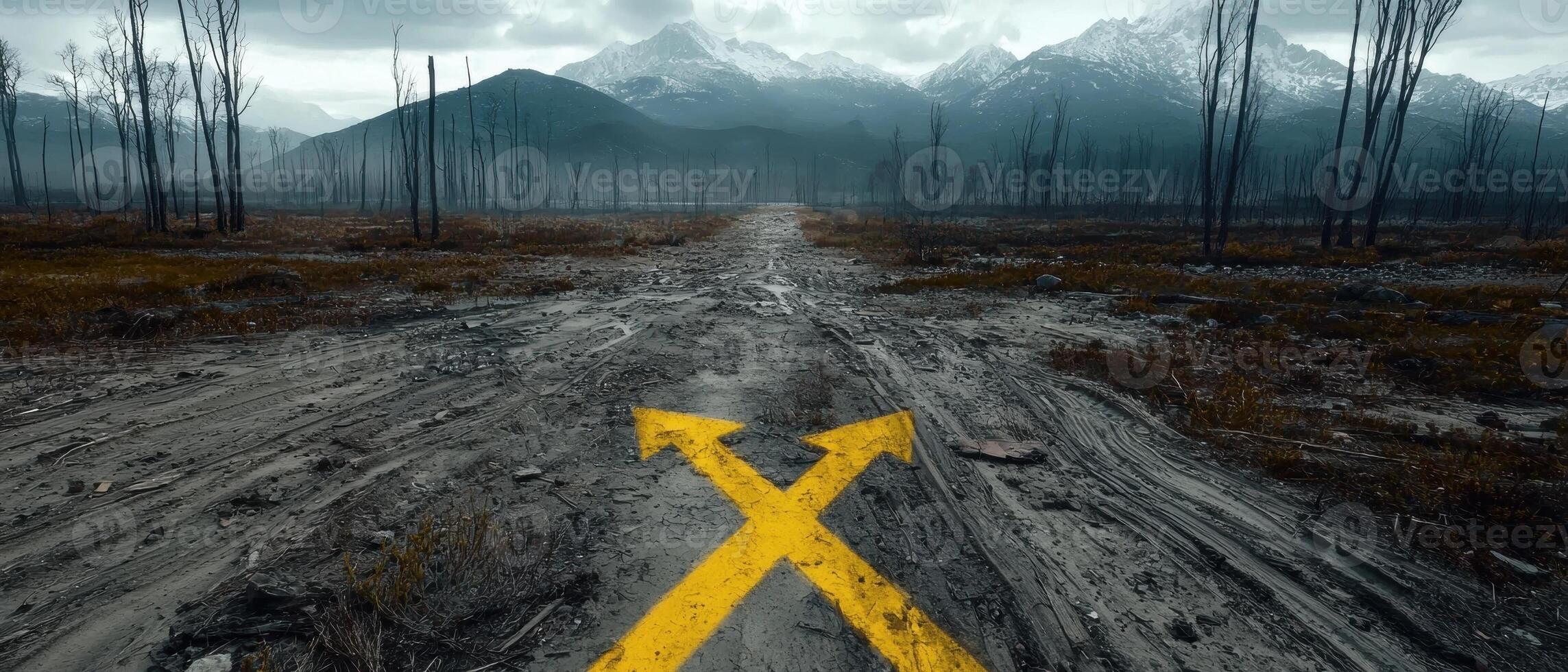 A muddy road leads through a barren landscape towards distant mountains, marked with a yellow directional arrow photo