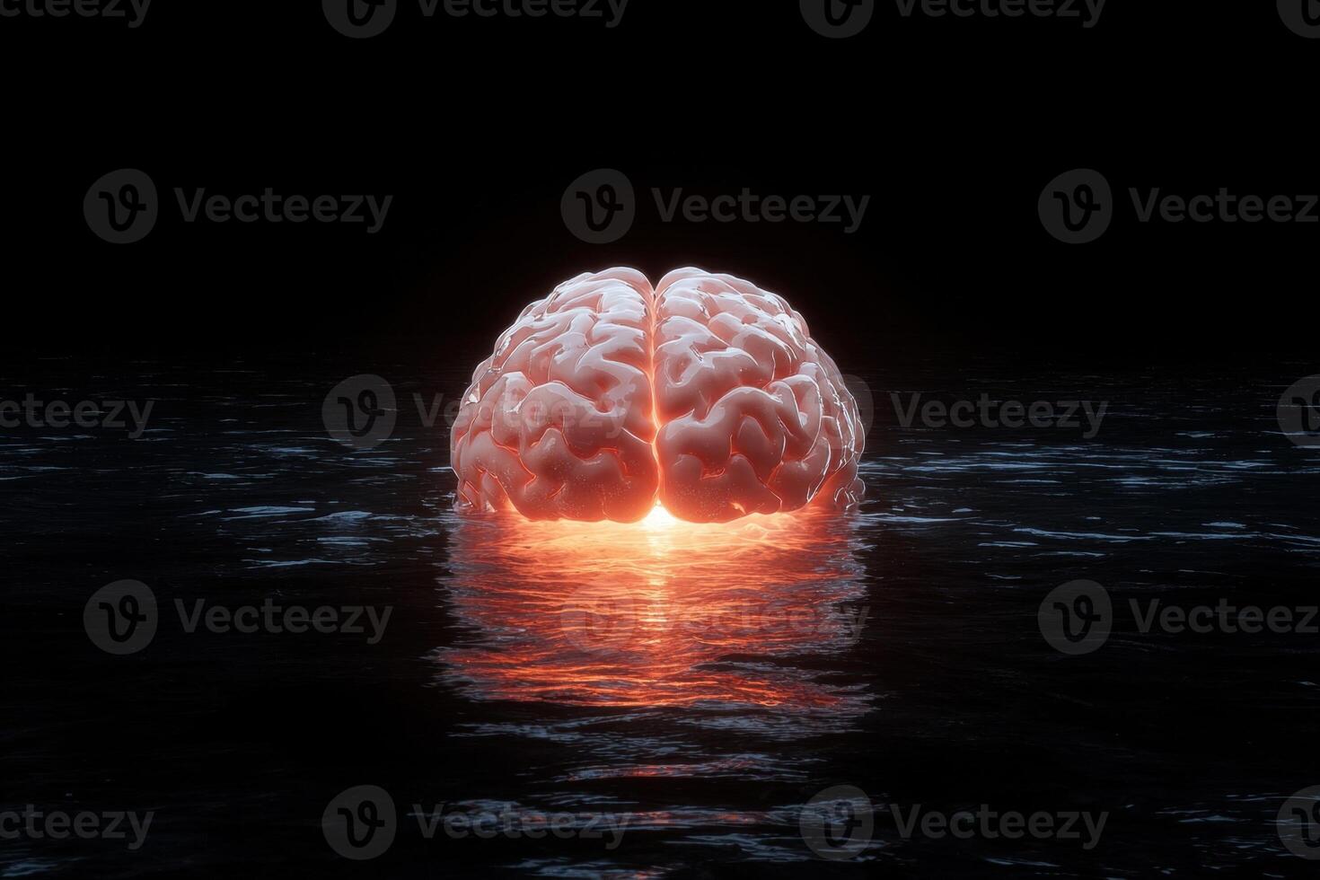 A brain submerged in water with a bright glow emanating from within photo