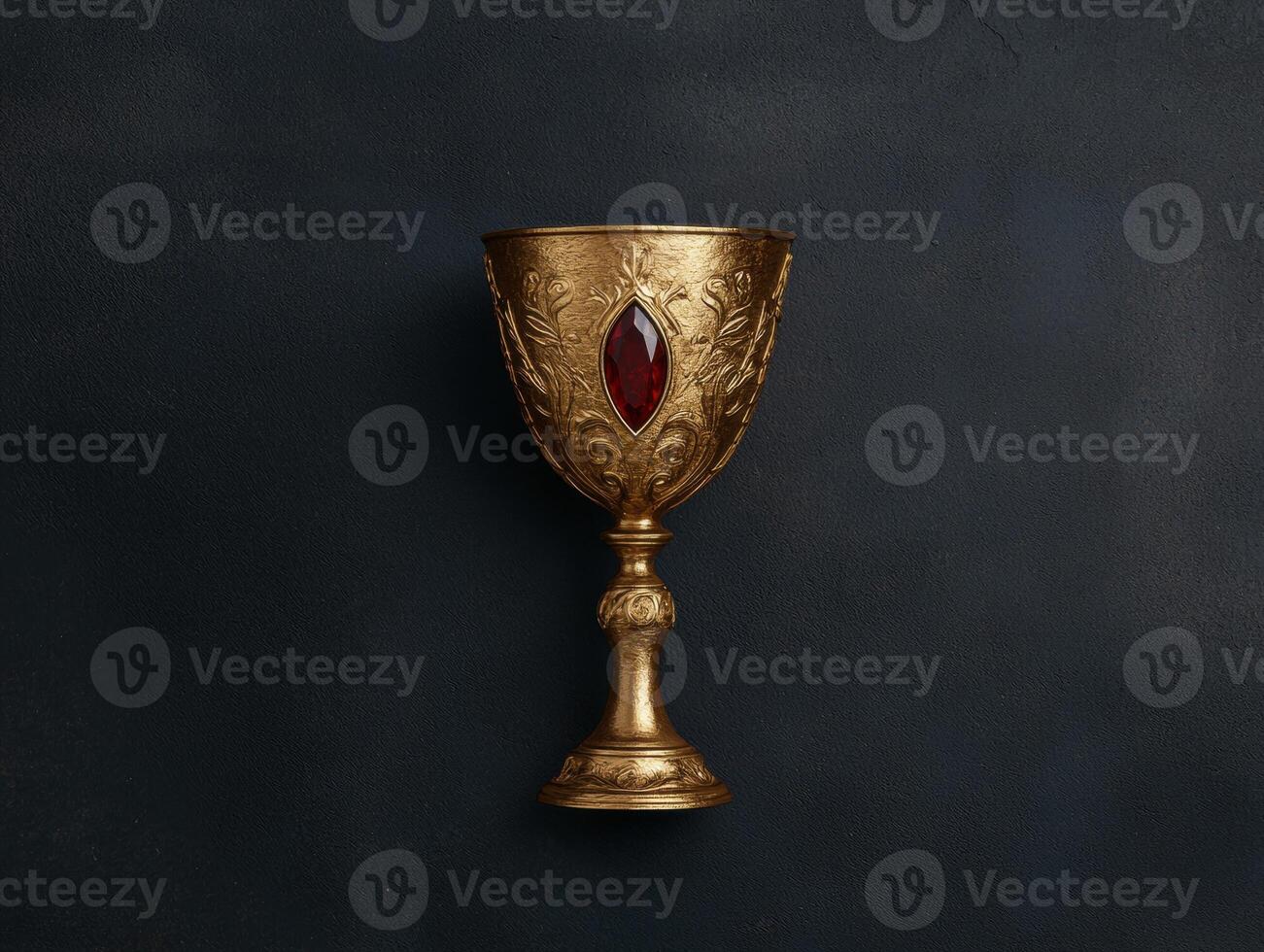 Ornate golden goblet with a red gem on a dark background photo