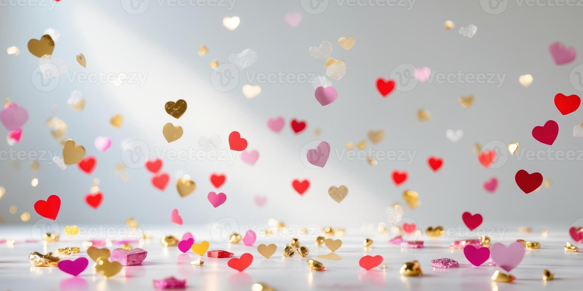 Colorful heart decorations with gold and red accents creating a festive background for celebrations photo