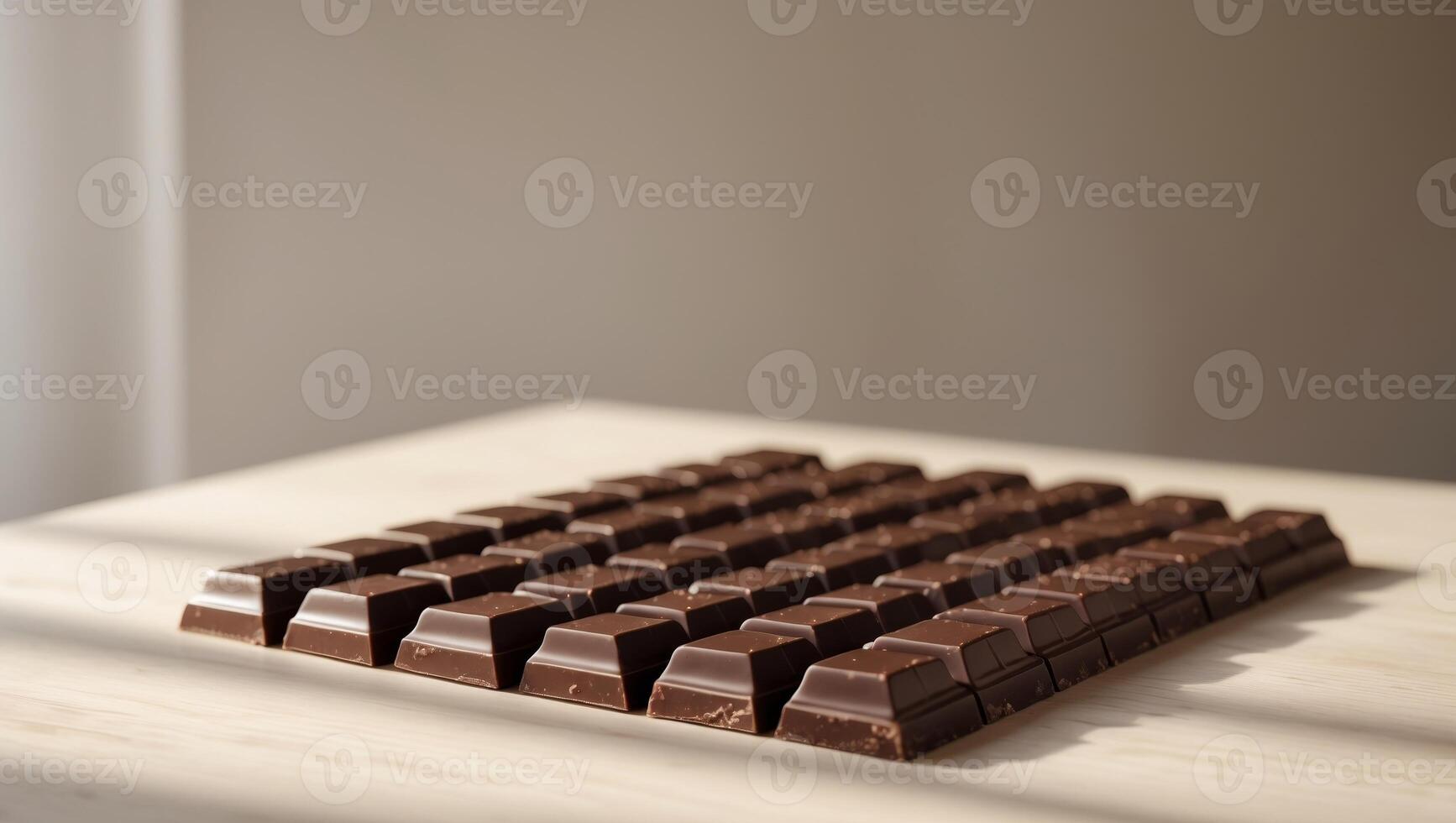 Dark Chocolate Pieces Arranged In Rows On A Table. photo