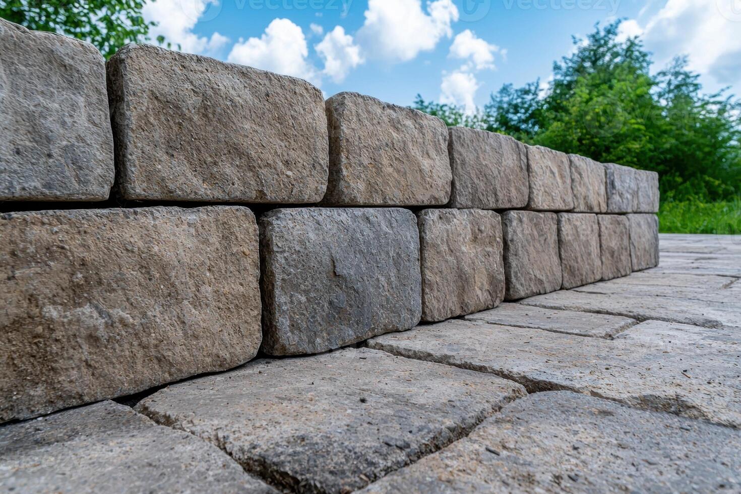 Retaining wall made of concrete blocks in a garden photo