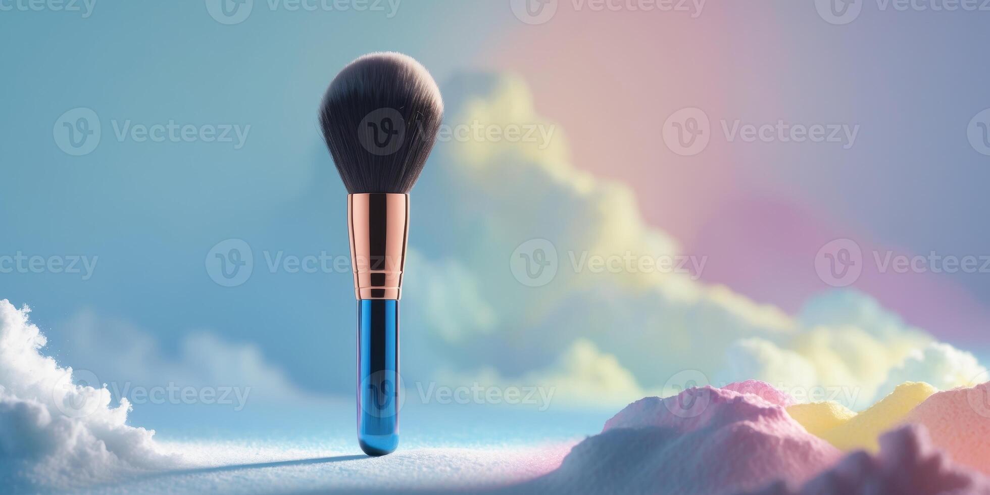 Glossy Makeup Brush on Colorful Powder Background in Vivid Setting photo