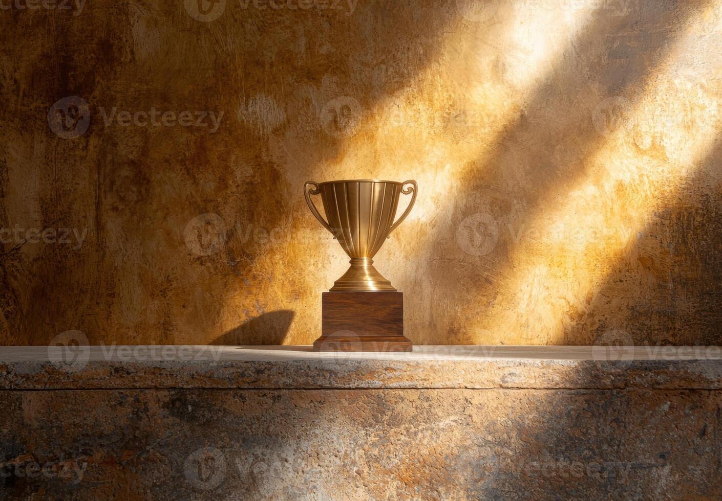 A gold trophy sits on a stone shelf in front of a textured wall photo