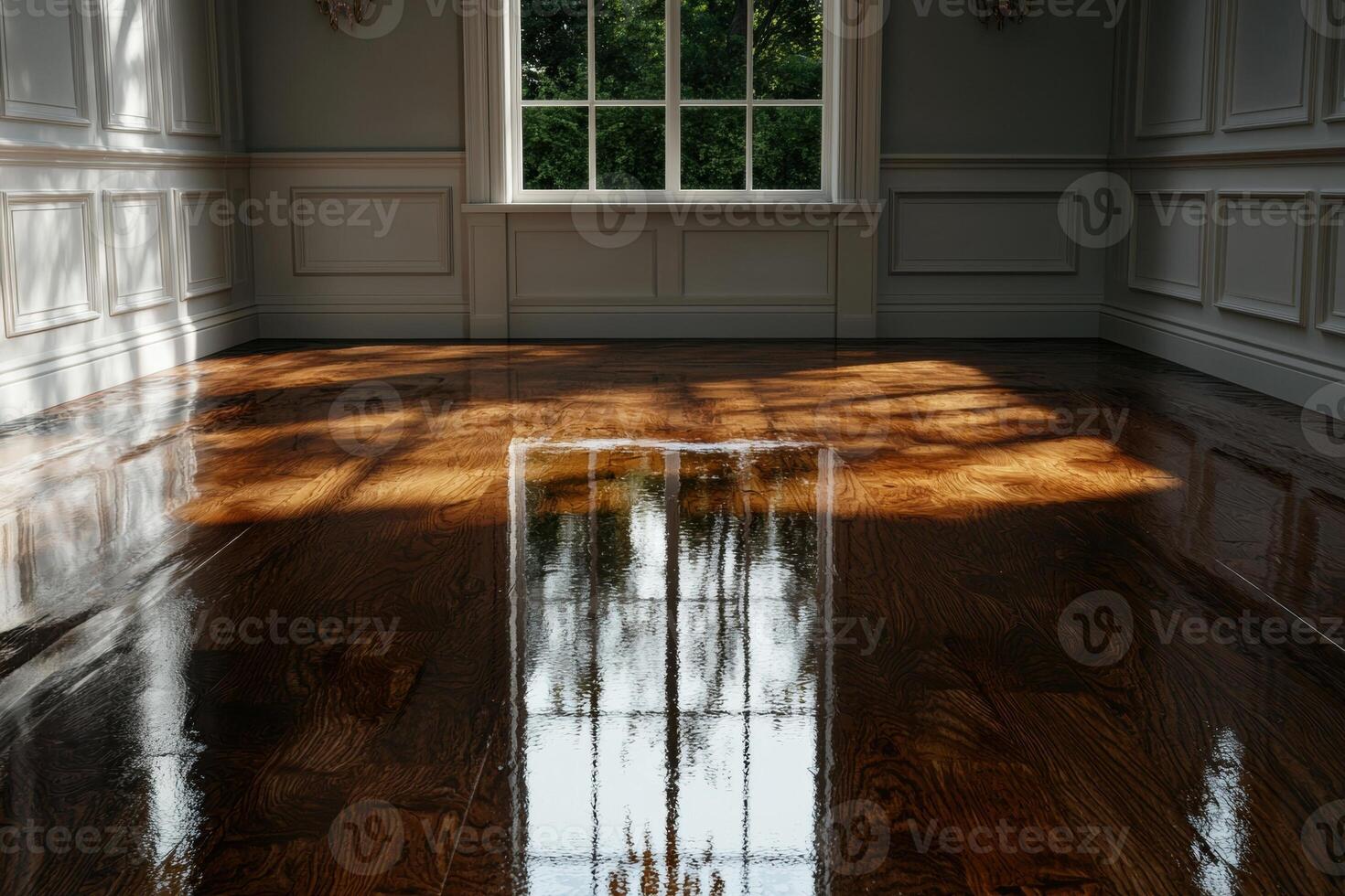 Sunlight streaming through a window onto a polished hardwood floor in an empty room photo