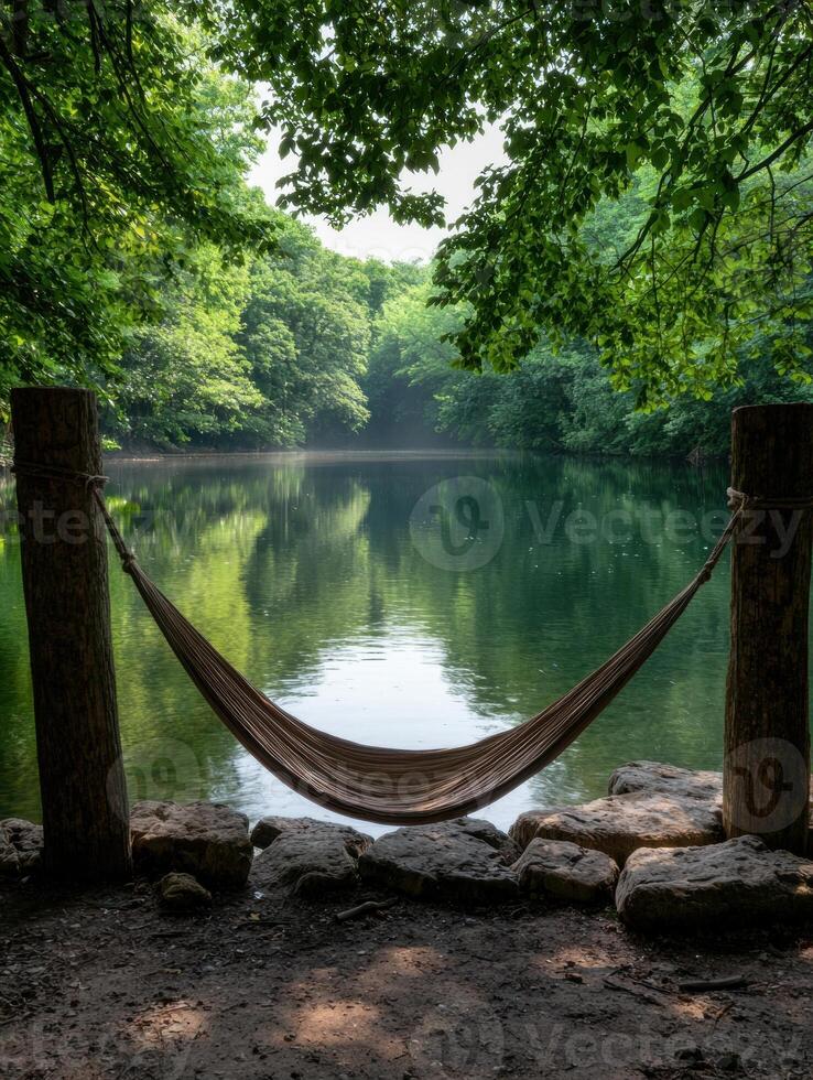 Hammock overlooking a tranquil lake surrounded by lush greenery photo