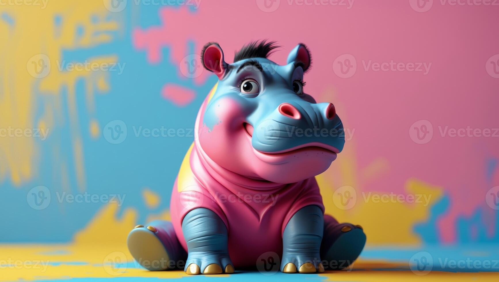 A Stylized Cartoon Hippo Positioned Amidst a Bright and Cheerful Backdrop of Vibrant Colors. photo