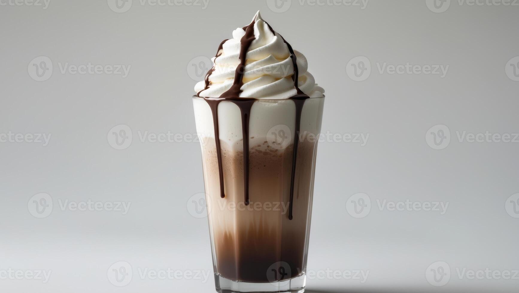 Iced mocha with whipped cream and chocolate drizzle in a tall glass. photo