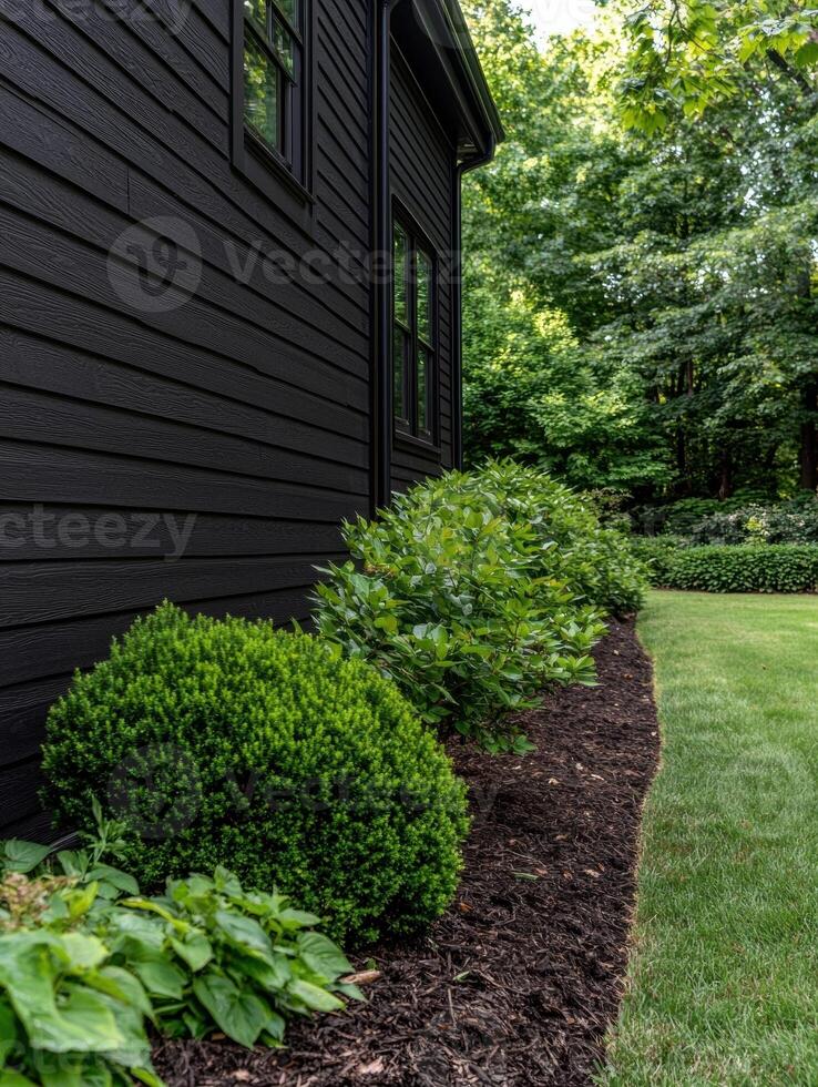 Exterior of a modern home with dark siding and manicured landscaping photo