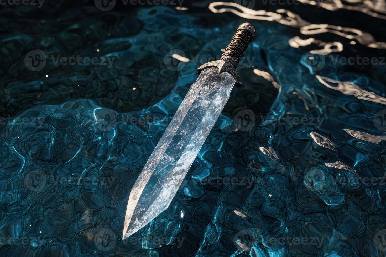 A sword submerged in water with light reflecting off the surface photo