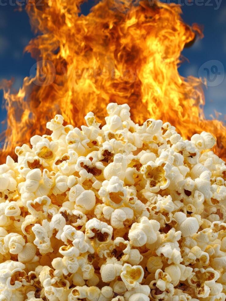 A pile of popcorn in front of a fiery background photo