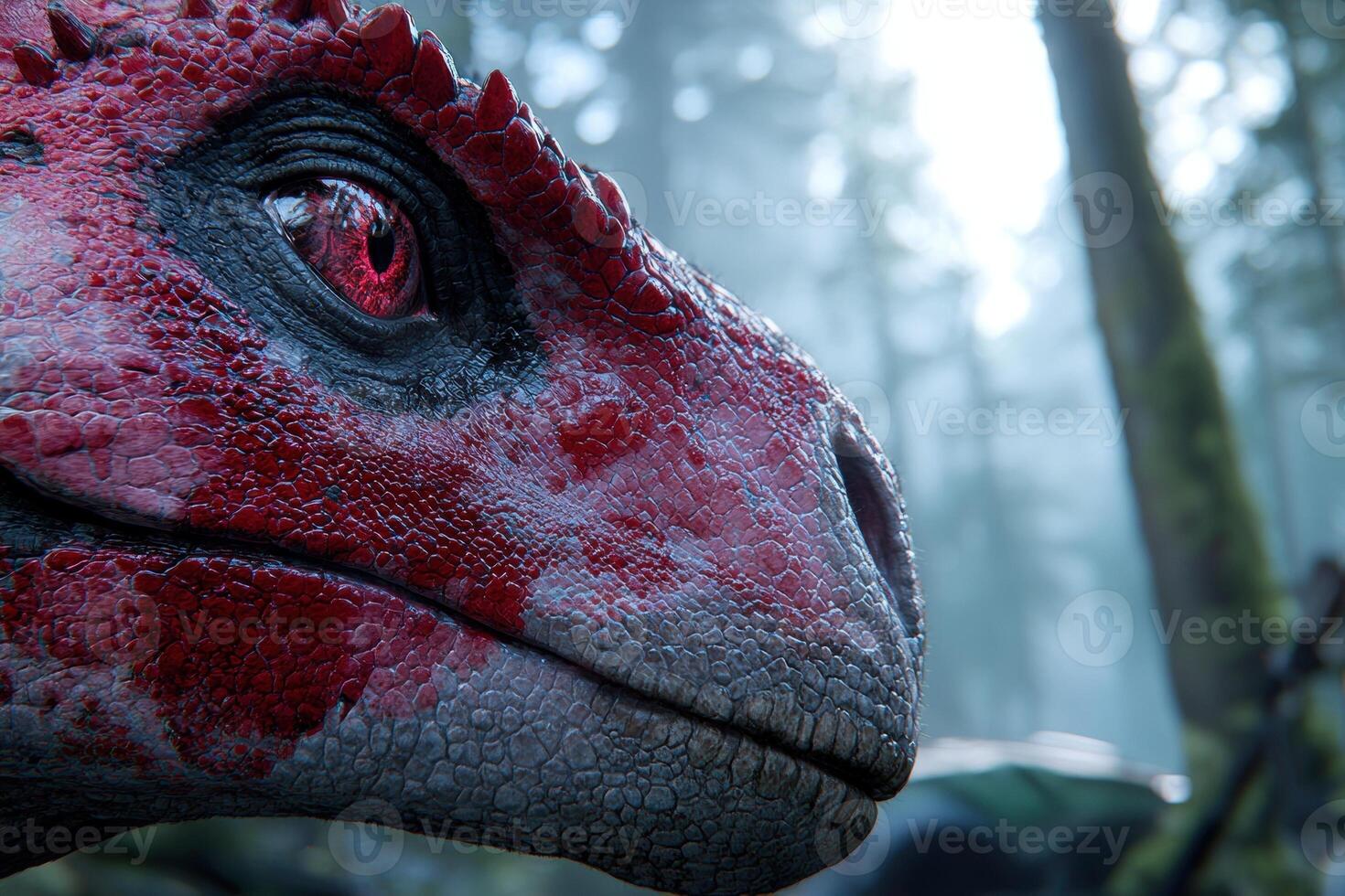 Close up of a red dinosaur head in a forest photo