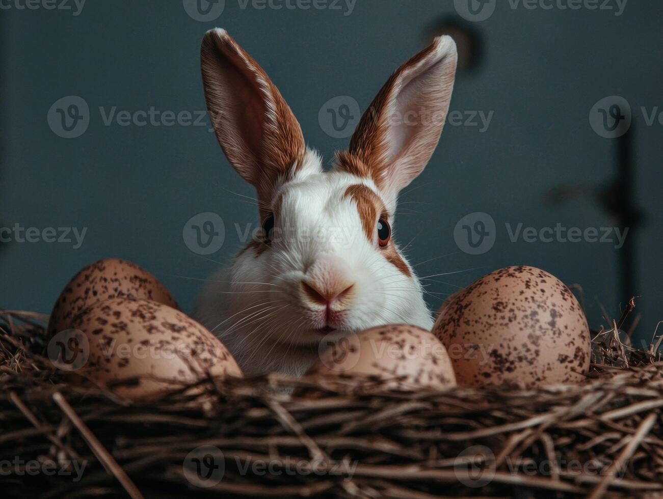 A cute rabbit sits in a nest surrounded by speckled eggs photo