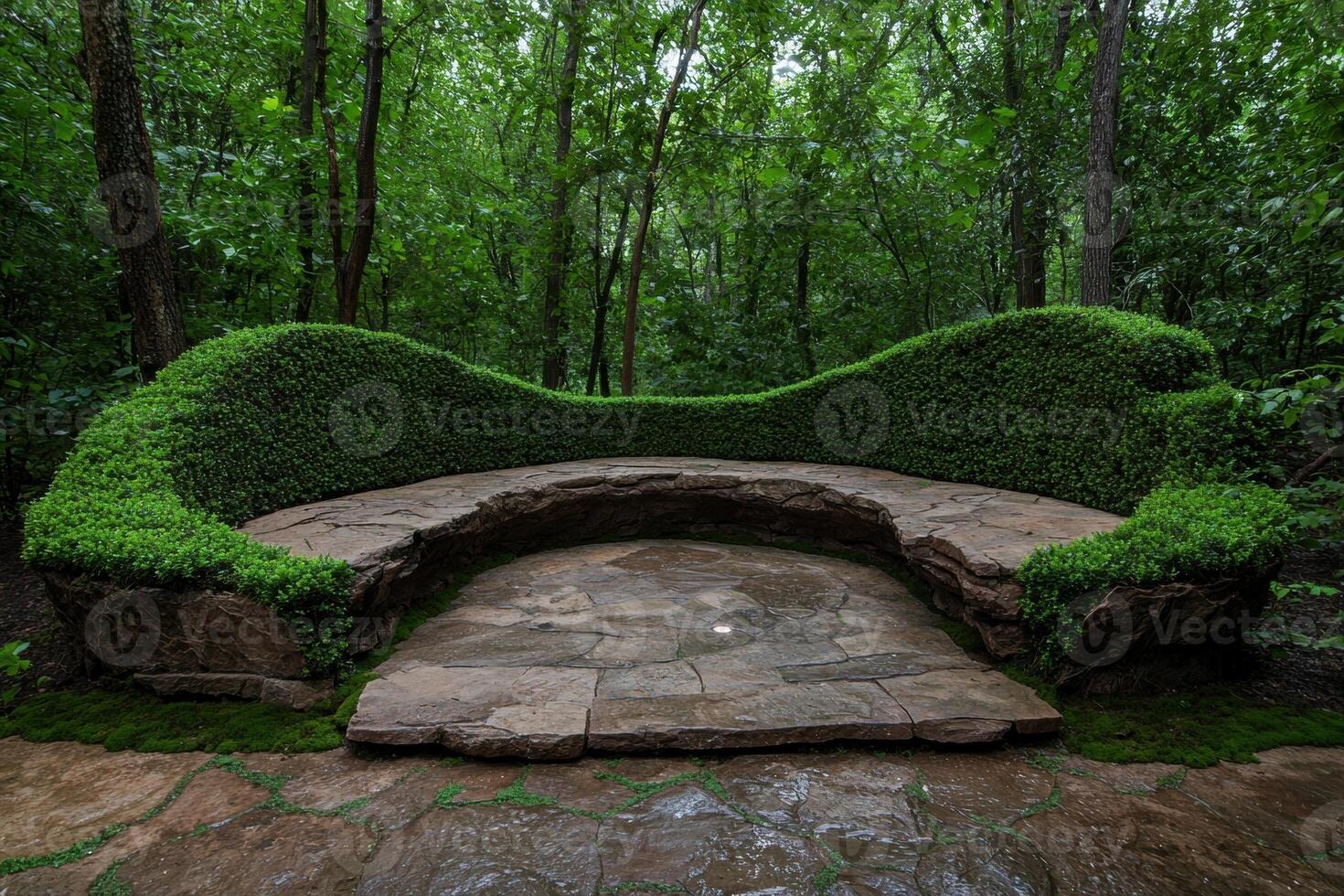 A stone bench with a green hedge in a lush forest photo