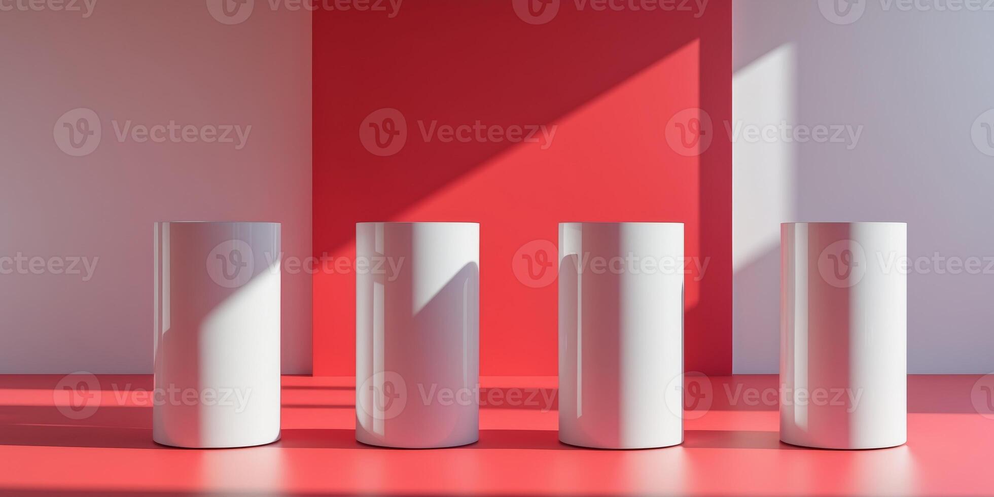 Three white cylinder podiums on red background photo