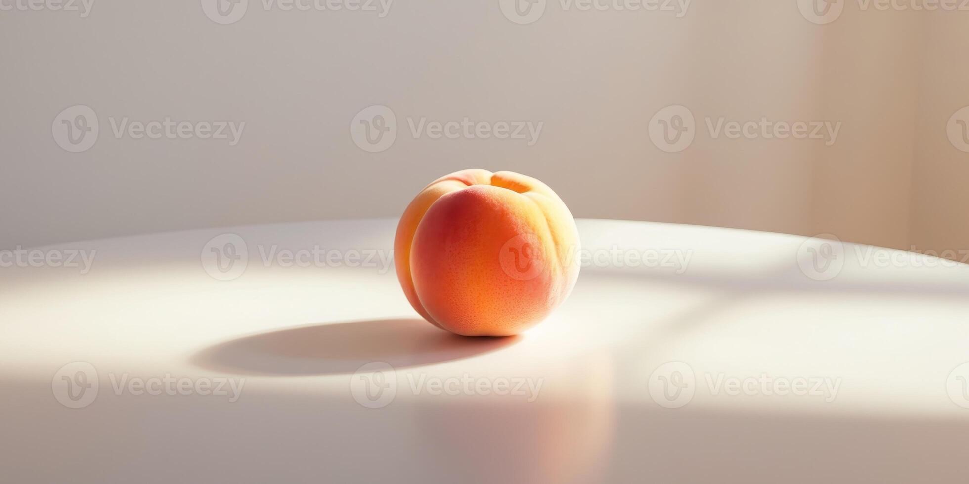 Ripe peach resting on a white surface with natural light creating soft shadows photo