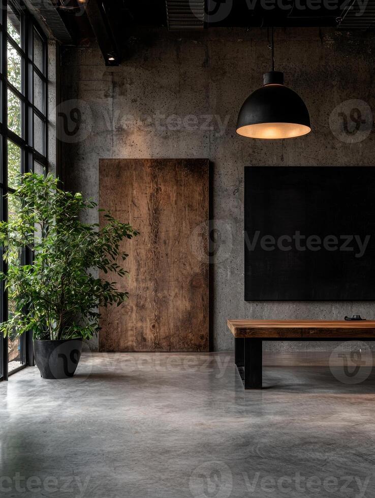 Modern interior with concrete wall, wooden bench, and potted plant photo