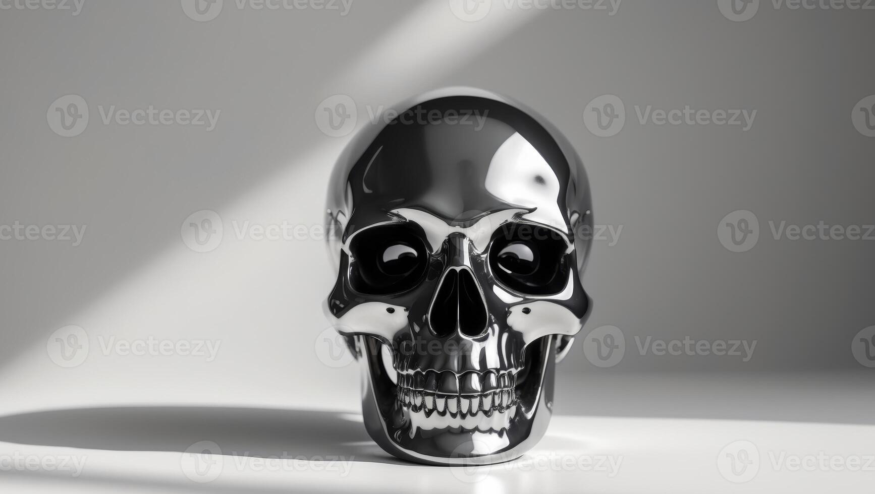 A stunning and shiny metal skull decoration that features black eyes for a captivating look. photo