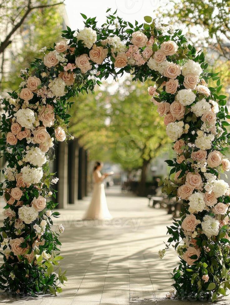 Elegant floral archway with a bride in the background photo