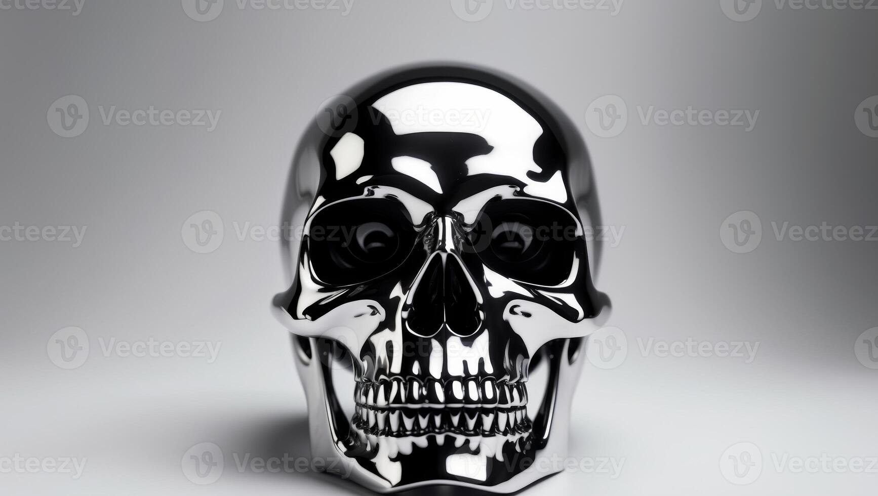 A stunning and shiny metal skull decoration that features black eyes for a captivating look photo