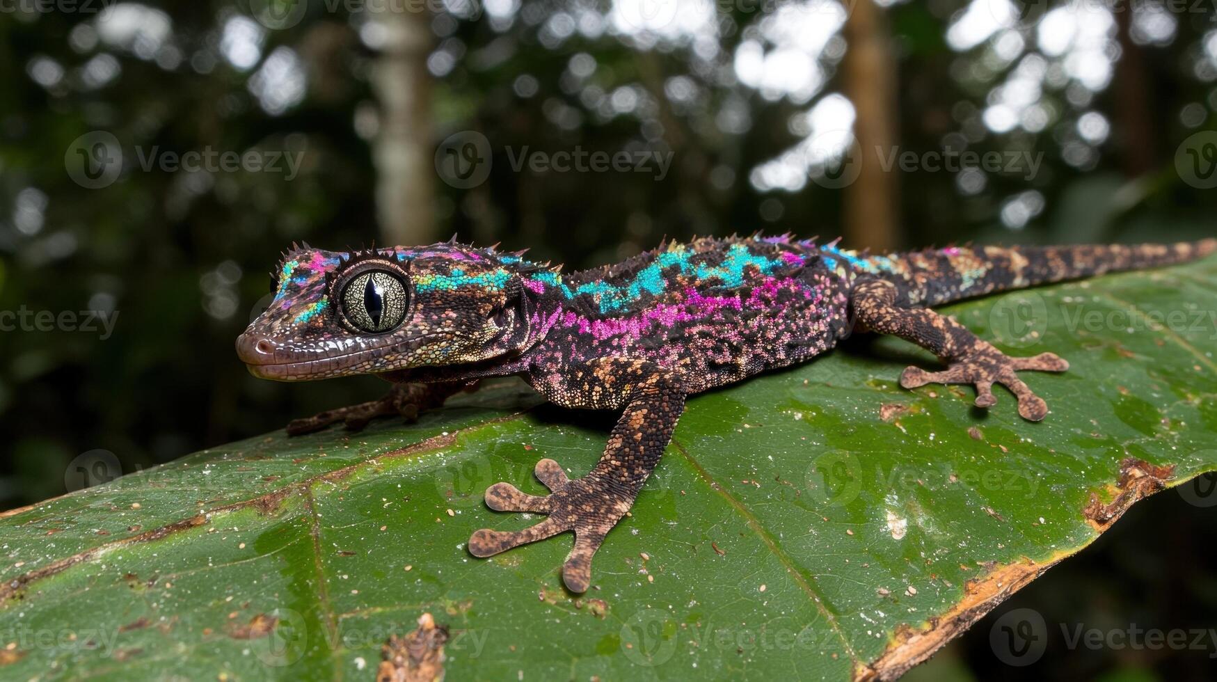 A colorful gecko rests on a vibrant green leaf photo