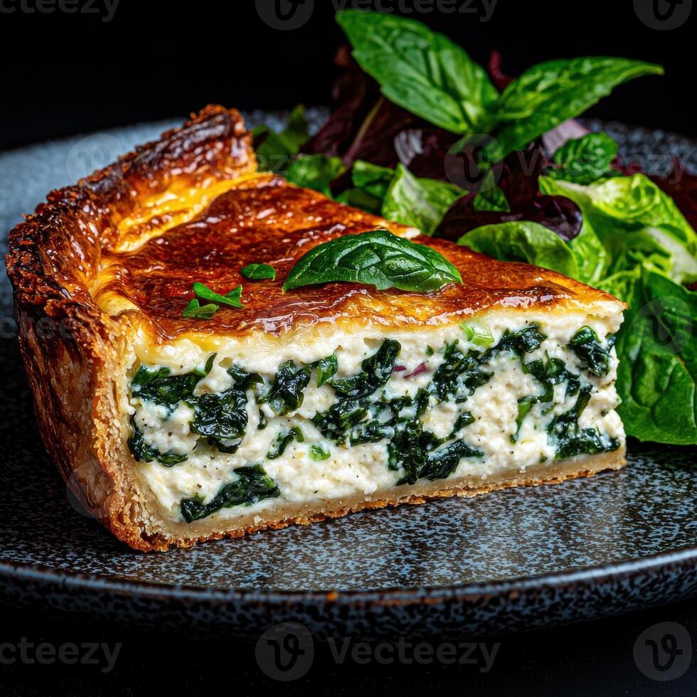 A slice of spinach and cheese quiche with a side salad photo