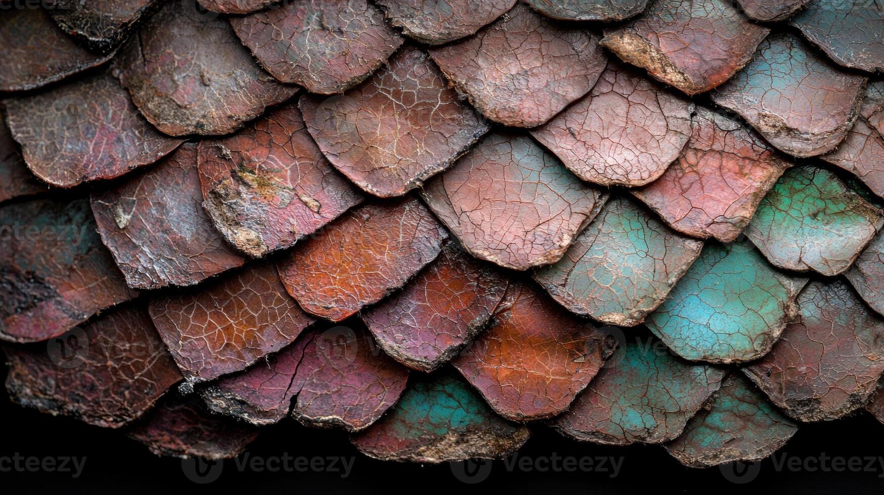 Close up of weathered, colorful overlapping scales photo